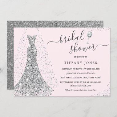 Pink Silver Wedding Dress Sparkle Bridal Shower Invitations