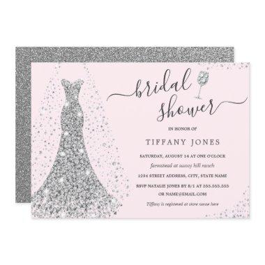 Pink Silver Wedding Dress Sparkle Bridal Shower Invitations