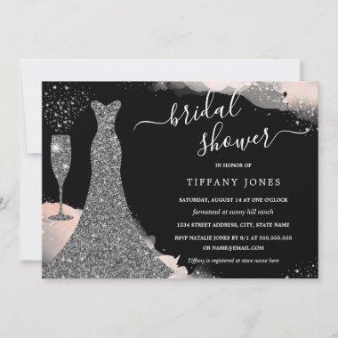 Pink Silver Wedding Dress Sparkle Bridal Shower Invitations