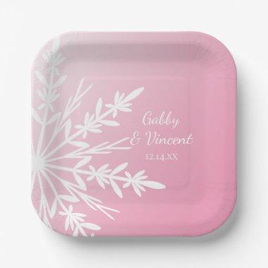 Pink Snowflake Winter Wedding Paper Plates