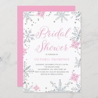 Pink Snowflakes Glitter Winter Bridal Shower Invitations