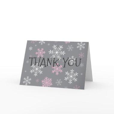 Pink Snowflakes Winter Grey Fold Thank You Invitations