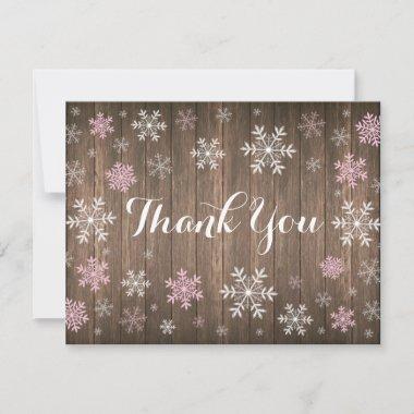 Pink Snowflakes Winter Rustic Wood Thank You Invitations