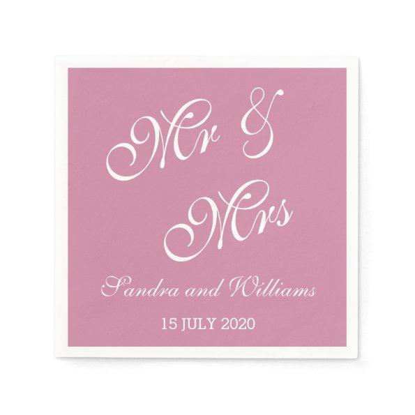 Pink Solid Color Mr And Mrs Wedding Paper Napkins