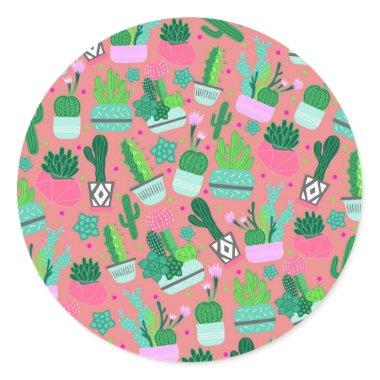 Pink Southwestern Cactus Pattern Sweet 16 Party Classic Round Sticker