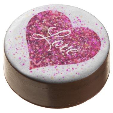 Pink sparking glitter heart love chocolate covered oreo