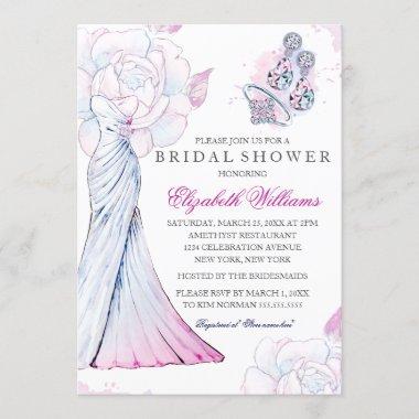 Pink Sparkle Crystal Wedding Gown Bridal Shower Invitations