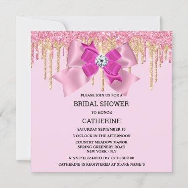 Pink sparkle gold bow diamond shimmer lights Invitations