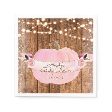 Pink Sparkle Pumpkin Autumn Rustic Wood Lights Paper Napkins