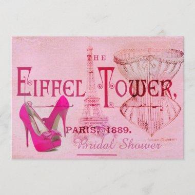 pink stiletto corset eiffel tower bridal shower Invitations