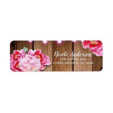 Pink String Lights & Mason Jar Flowers Rustic Wood Label