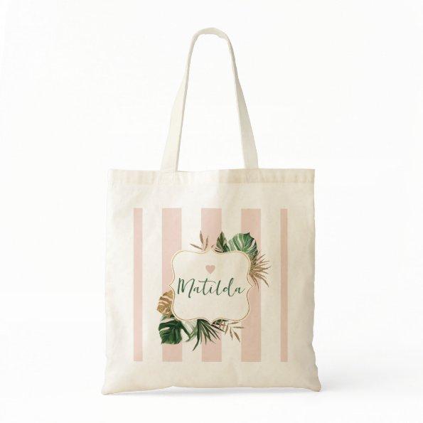 Pink stripe elegant tropical Bridesmaid name Tote Bag