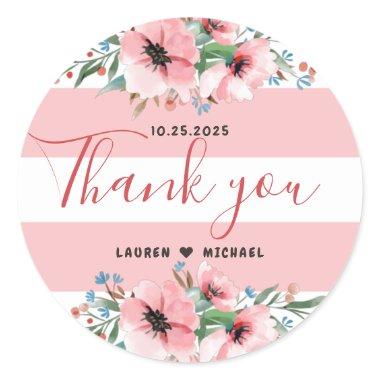 Pink Stripe Peony Flower Spring Floral Wedding Classic Round Sticker