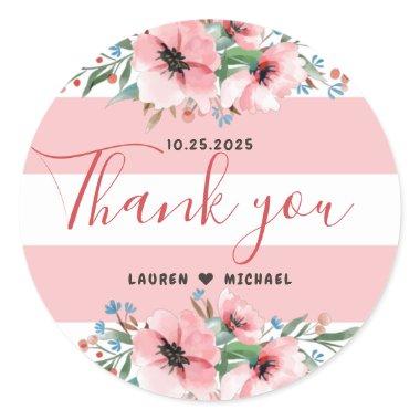 Pink Stripe Peony Flower Spring Floral Wedding Classic Round Sticker