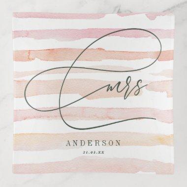 Pink stripe watercolor script text Mrs Trinket Tray