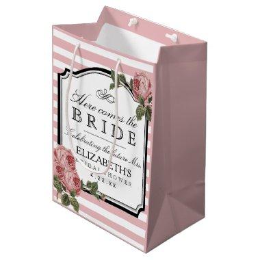Pink Stripes Floral Bridal Shower Customize Color Medium Gift Bag
