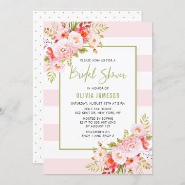 Pink Stripes Floral Bridal Shower Invitations