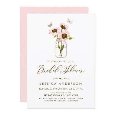 Pink Sunflowers in Mason Jar Rustic Bridal Shower Invitations