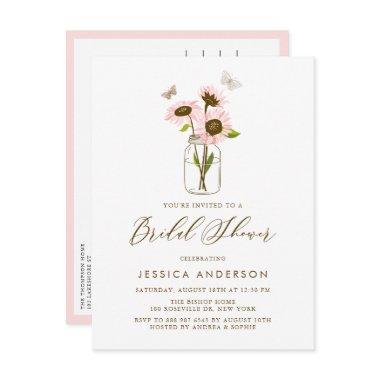 Pink Sunflowers in Mason Jar Rustic Bridal Shower Invitation PostInvitations