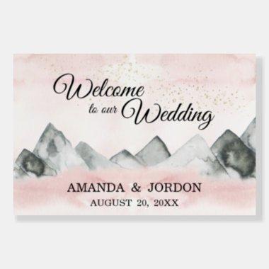 Pink Sunrise Mountain Wedding Welcome Sign