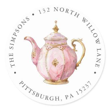 Pink Tea Party Return Address Classic Round Sticker