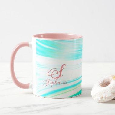 Pink Teal Blue Wave Monogram Initials Abstract Mug