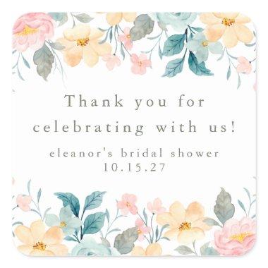 Pink Teal Floral Bridal Shower Custom Thank You Square Sticker