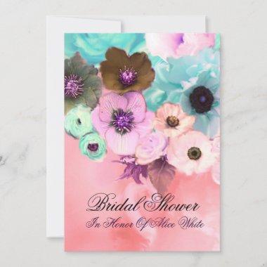 PINK TEAL ROSES AND ANEMONE FLOWERS BRIDAL SHOWER Invitations