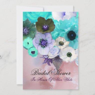 PINK TEAL ROSES AND ANEMONE FLOWERS BRIDAL SHOWER Invitations