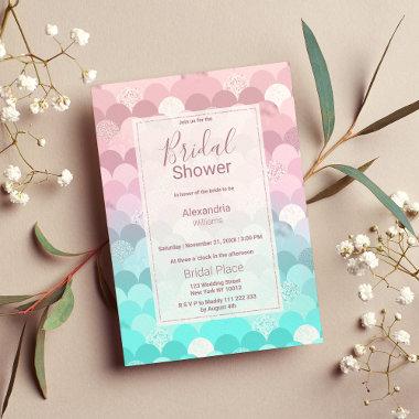 Pink teal scallope mermaid gradient Bridal Shower Invitations