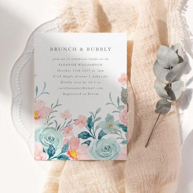 Pink Teal Watercolor Floral Bridal Shower Brunch Invitations