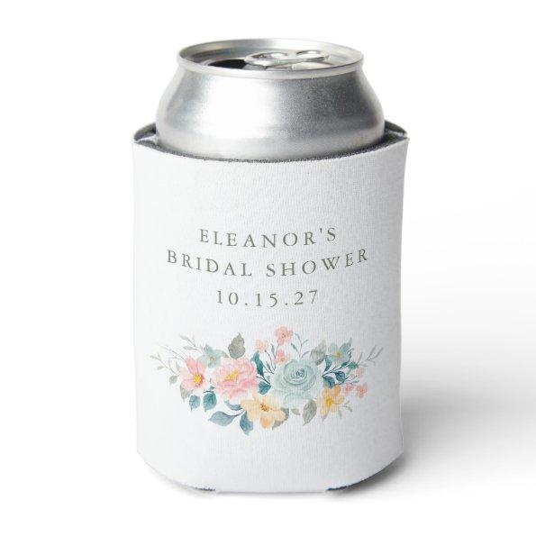 Pink Teal Watercolor Floral Bridal Shower Custom Can Cooler