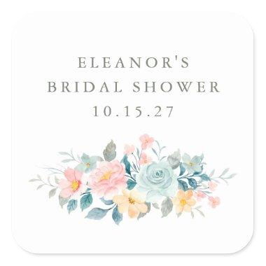 Pink Teal Watercolor Floral Bridal Shower Custom Square Sticker