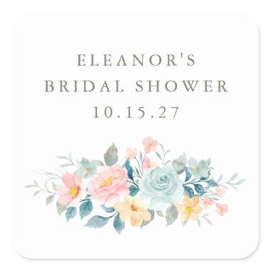 Pink Teal Watercolor Floral Bridal Shower Custom Square Sticker