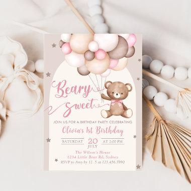 Pink Teddy Bear Balloons Girl Birthday Invitations