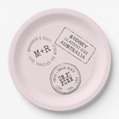 Pink Travel Theme Passport Stamp Custom Wedding Paper Plates