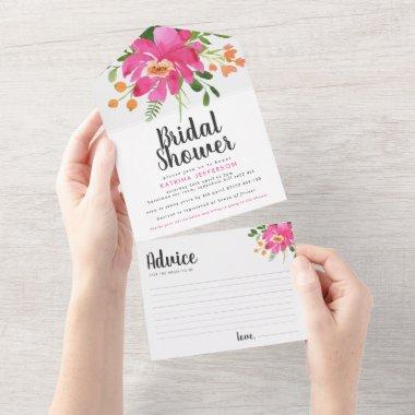 Pink Tropical Flowers Bridal Shower Advice All In One Invitations