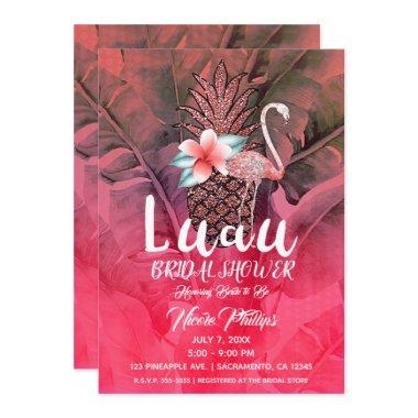 Pink Tropical Glitter Pineapple Luau Bridal Shower Invitations