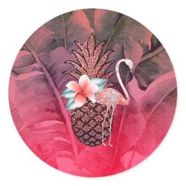 Pink Tropical Glitter Pineapple Luau Party Classic Round Sticker