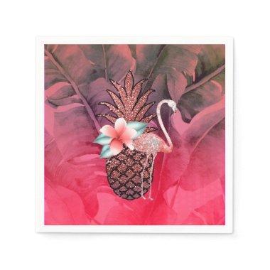 Pink Tropical Glitter Pineapple Luau Party Napkins