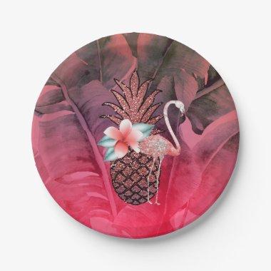 Pink Tropical Glitter Pineapple Luau Party Paper Plates