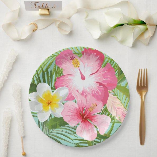 Pink Tropical Hibiscus Flowers Paper Plates