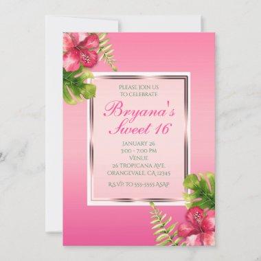 Pink Tropical Hibiscus & Leaves Party Invitations