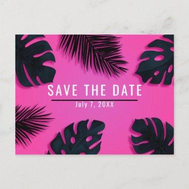 Pink Tropical Palm Leaves Party Save the Date Announcement PostInvitations