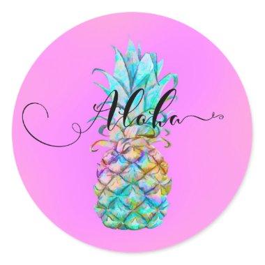 Pink Tropical Pineapple Color Splash Luau Aloha Classic Round Sticker