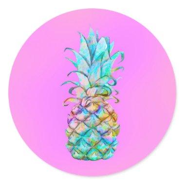 Pink Tropical Pineapple Color Splash Luau Party Classic Round Sticker