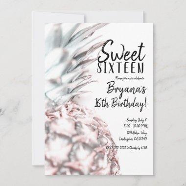 Pink Tropical Pineapple Sweet 16 Birthday Party Invitations