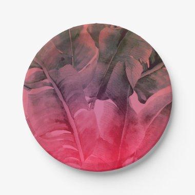 Pink Tropical Summer Palm Leaves Luau Party Paper Plates