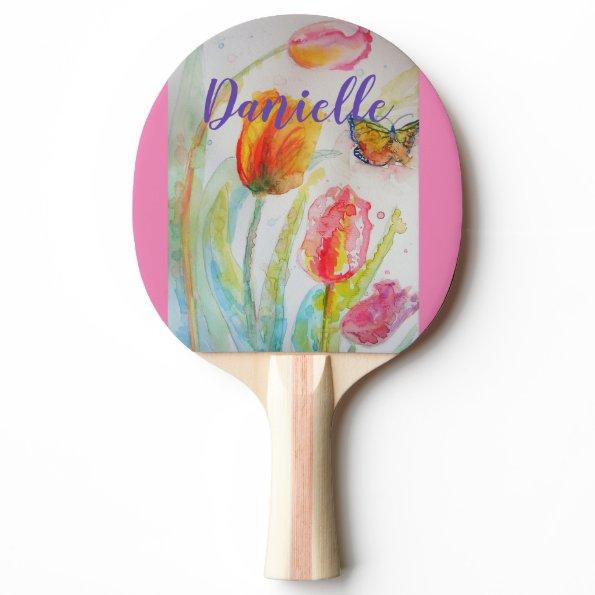 Pink Tulip Floral Watercolor Ping Pong Paddle