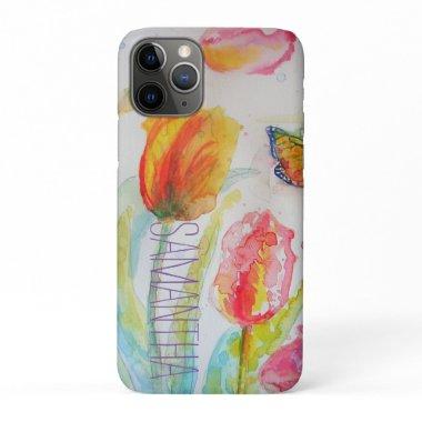 Pink Tulip Tulips Floral Watercolor Womans Name iPhone 11 Pro Case